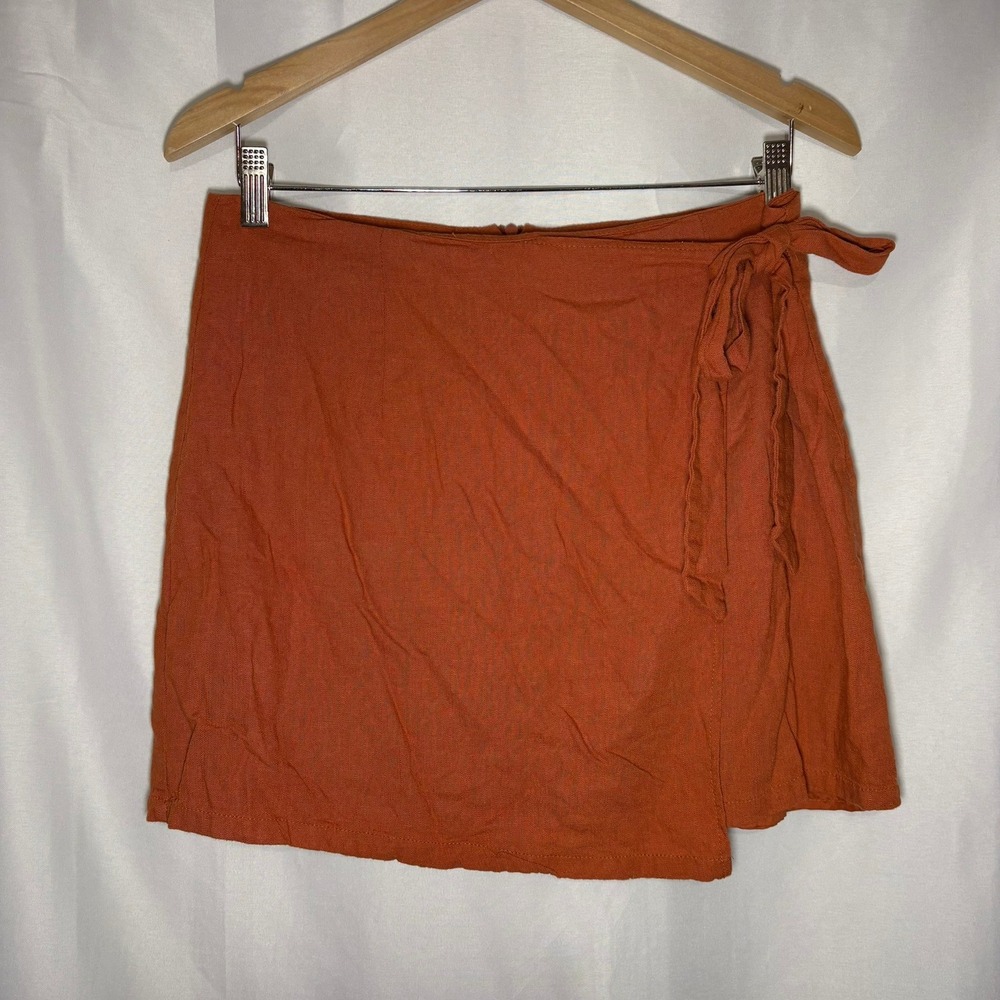 Rust Orangeβ Linen Blend Wrap Mini Skirt Side Tie Lined Size L